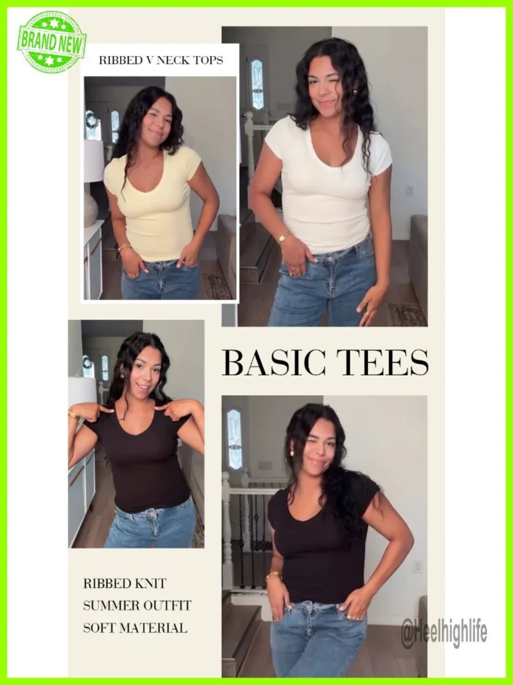 Ribbed V Neck Short Sleeve Slim Fit Crop Top Cotton Stretch Basic Tee